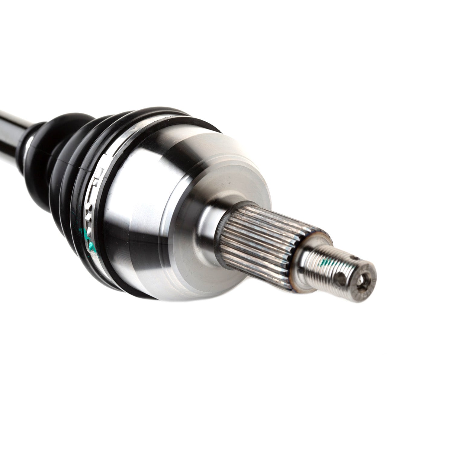 Metal rear axle shaft with splined end and rubber CV joint boot for Polaris UTV models.