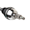 Metal rear axle shaft with splined end and rubber CV joint boot for Polaris UTV models.