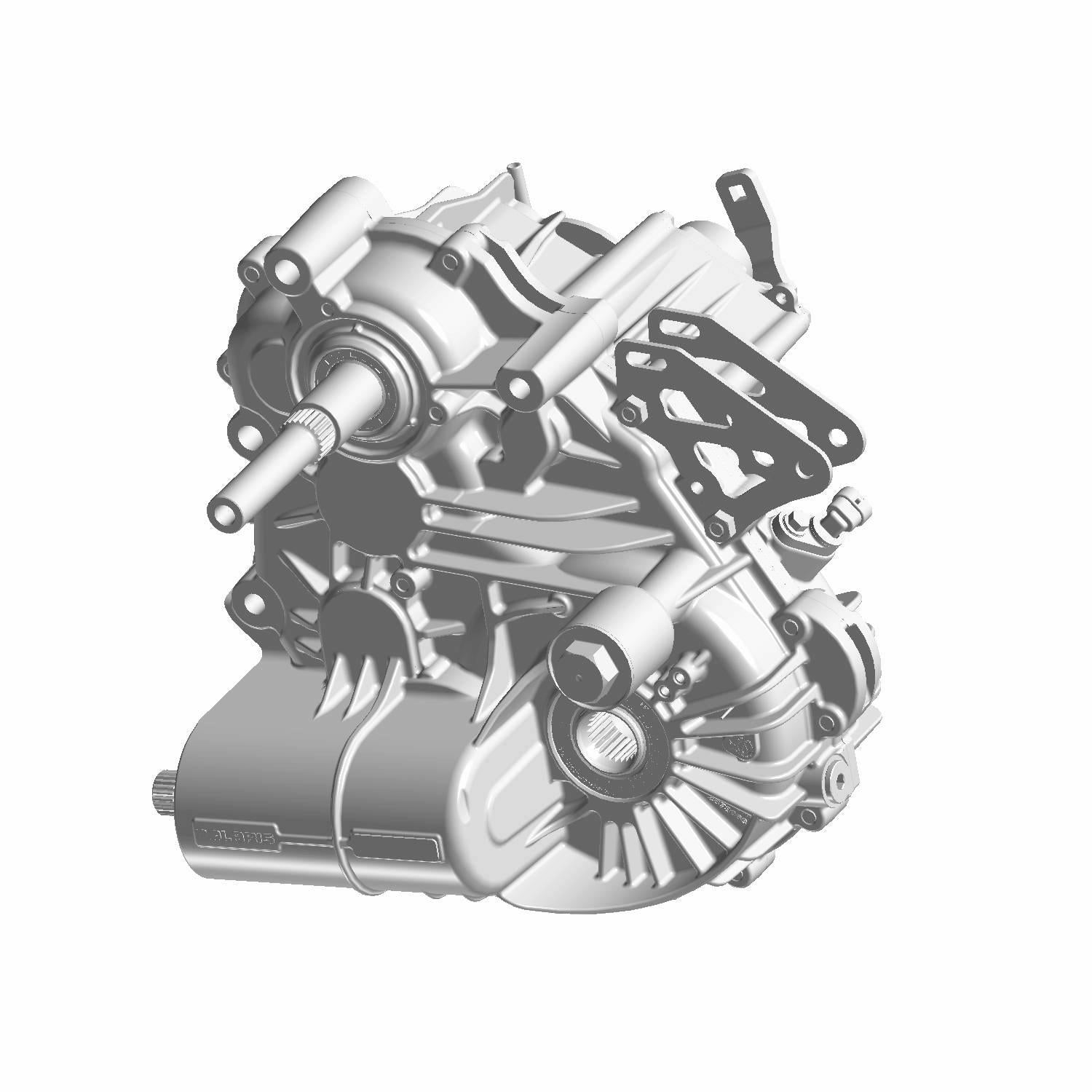 Silver metal heavy-duty gearcase with bevel gears and mounting brackets for offroad vehicle use.
