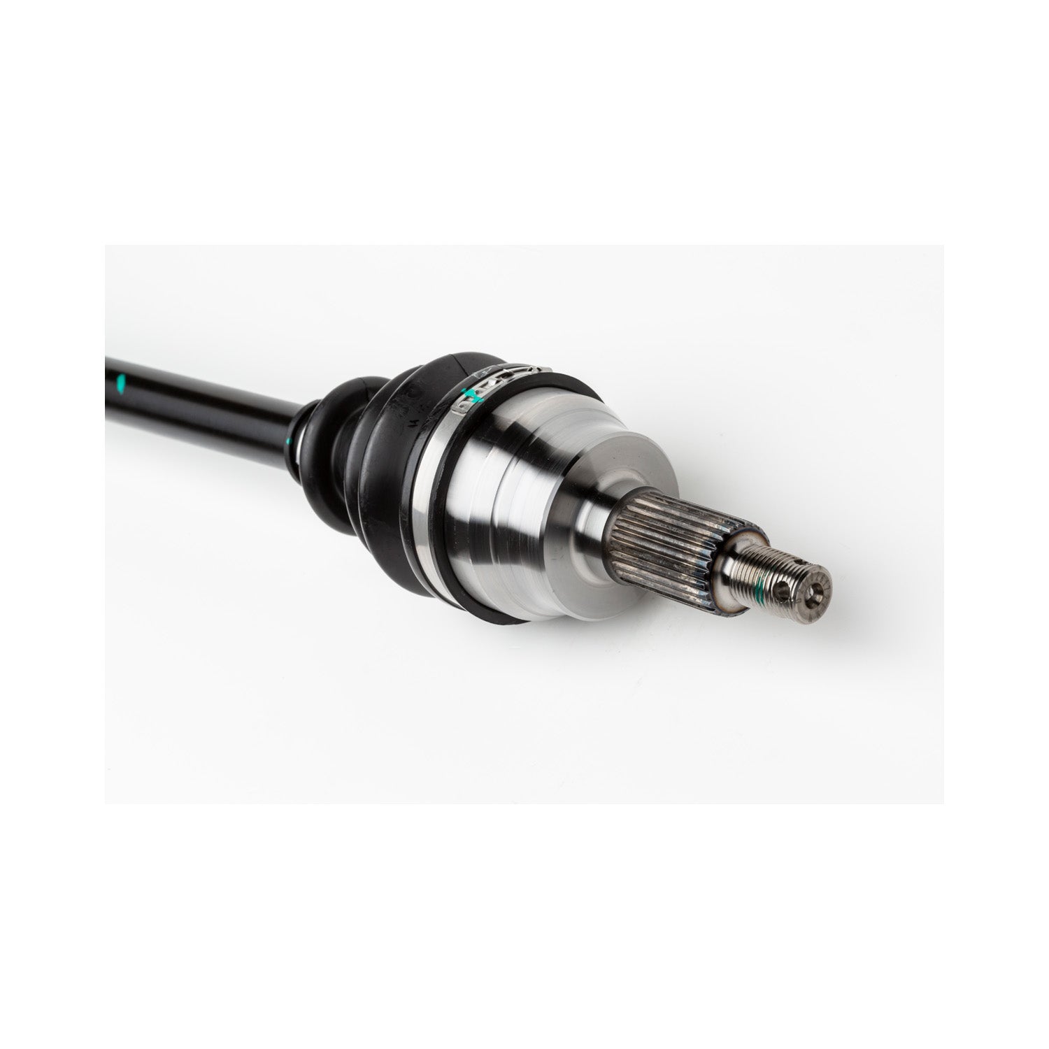 Metal rear axle shaft for Polaris, featuring splined end and black rubber boot covering joint area.