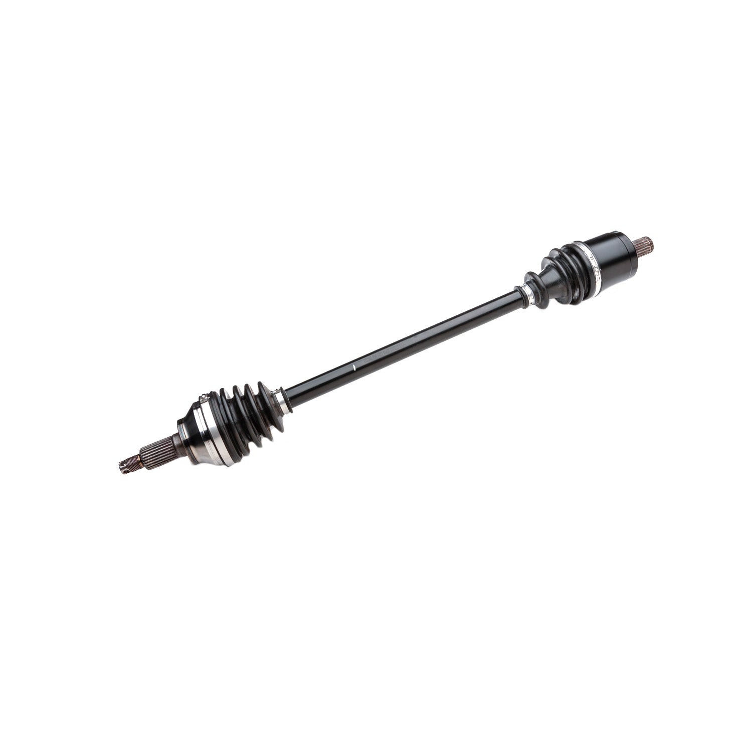 Black metal front CV shaft with rubber boots and splined ends for Polaris UTVs.