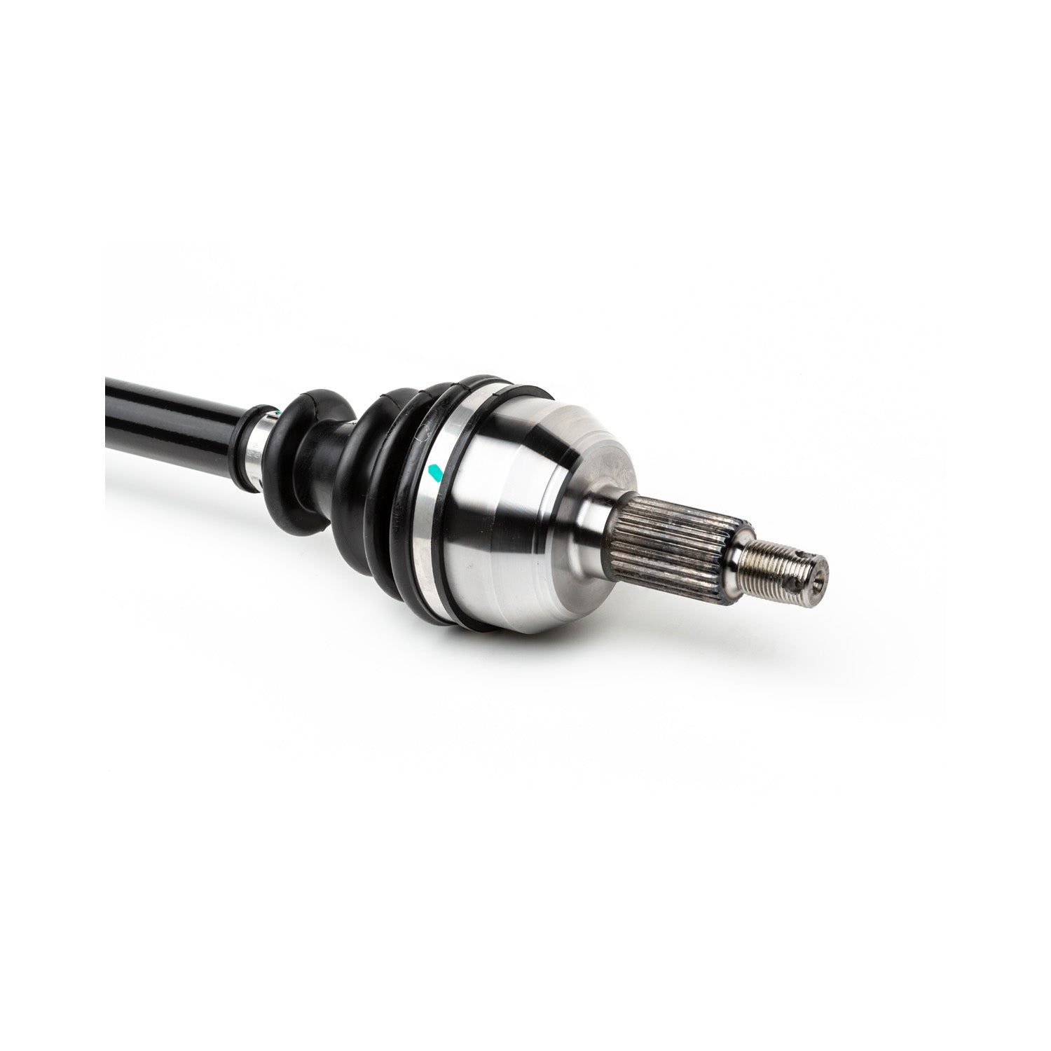 Metal rear axle shaft with splined tip and rubber boot for Polaris UTV, black and silver finish.