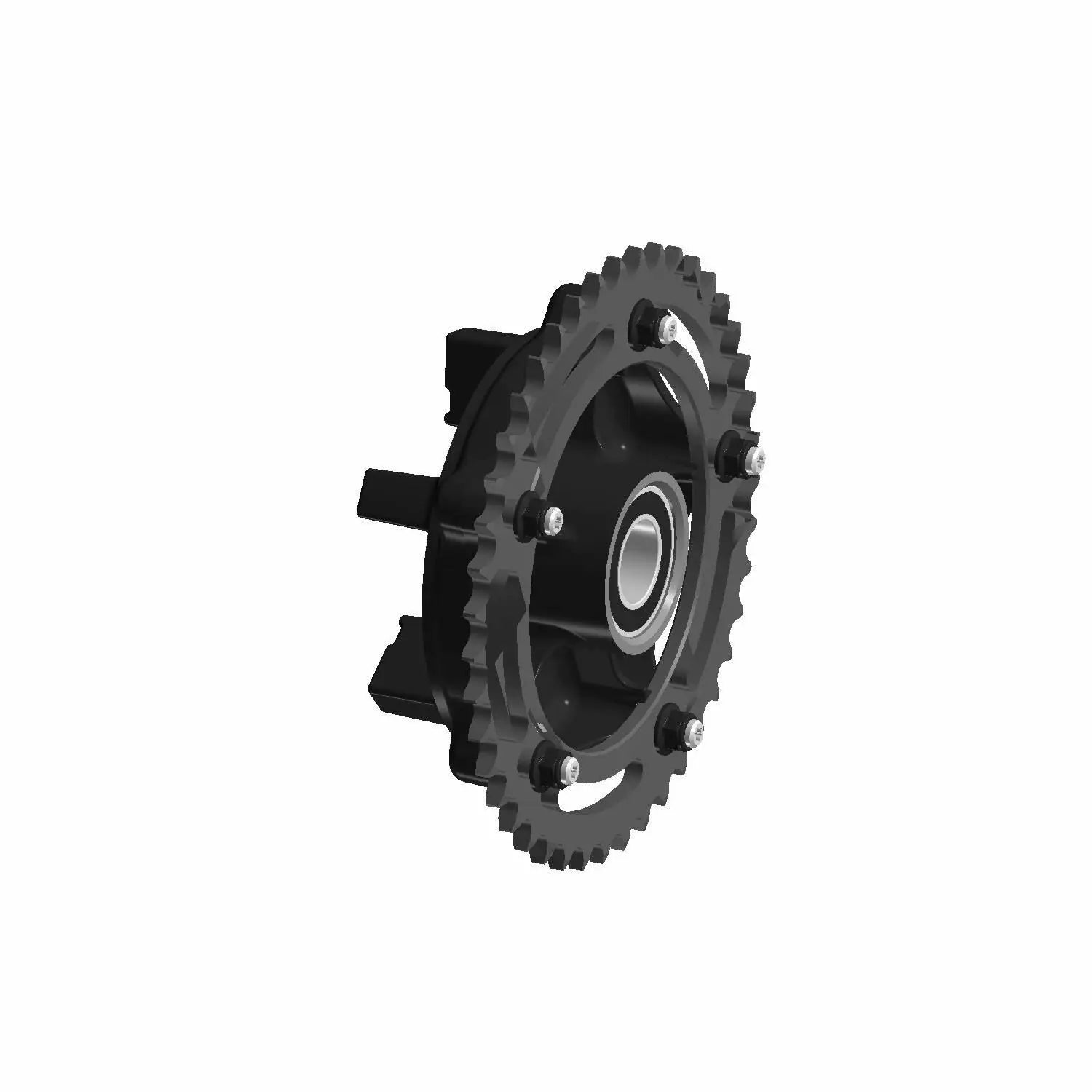 Black metal sprocket with central bearing and mounting points, designed for motorcycle use.