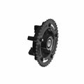 Black metal sprocket with central bearing and mounting points, designed for motorcycle use.
