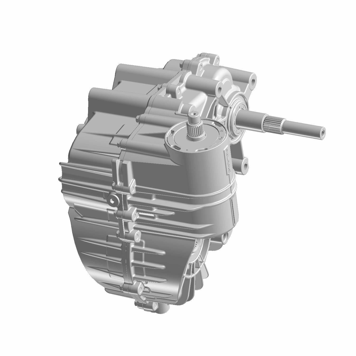 Silver metal Polaris gearcase with cylindrical and rectangular sections and protruding shaft.