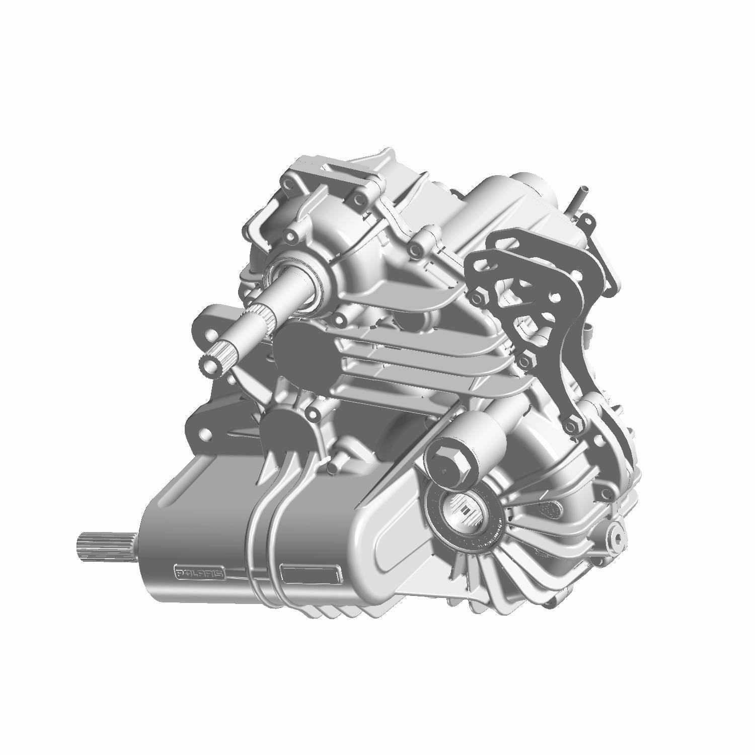 Silver metal gearcase assembly with multiple mounting points and shaft extensions for Polaris RZR XP 1000.