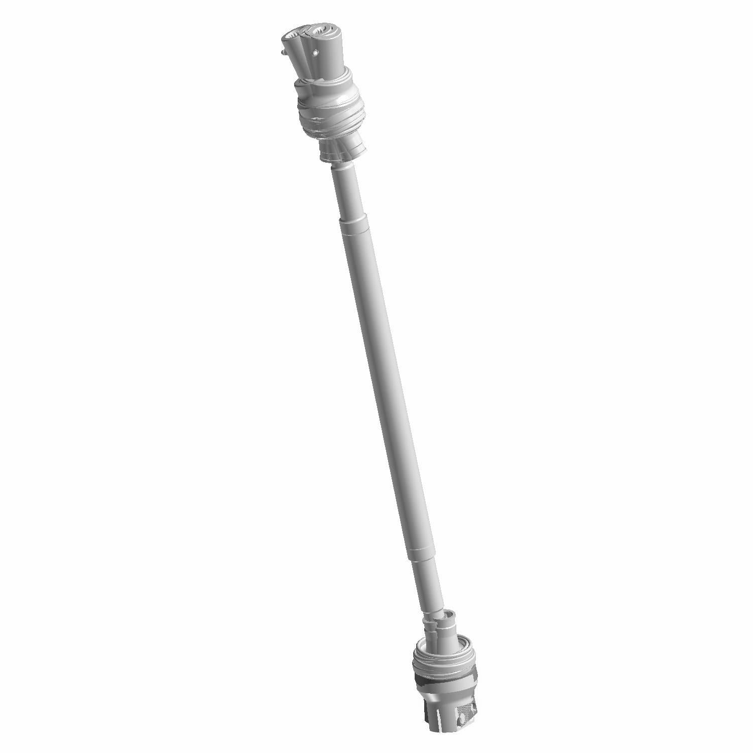 Metal rear prop or drive shaft with universal joints on both ends, black finish.