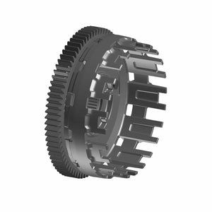 The Outer Clutch Basket by Polaris is a 3D-rendered metallic OEM component, featuring gear-like teeth on one side and a cylindrical cage with evenly spaced vertical slots on the other.