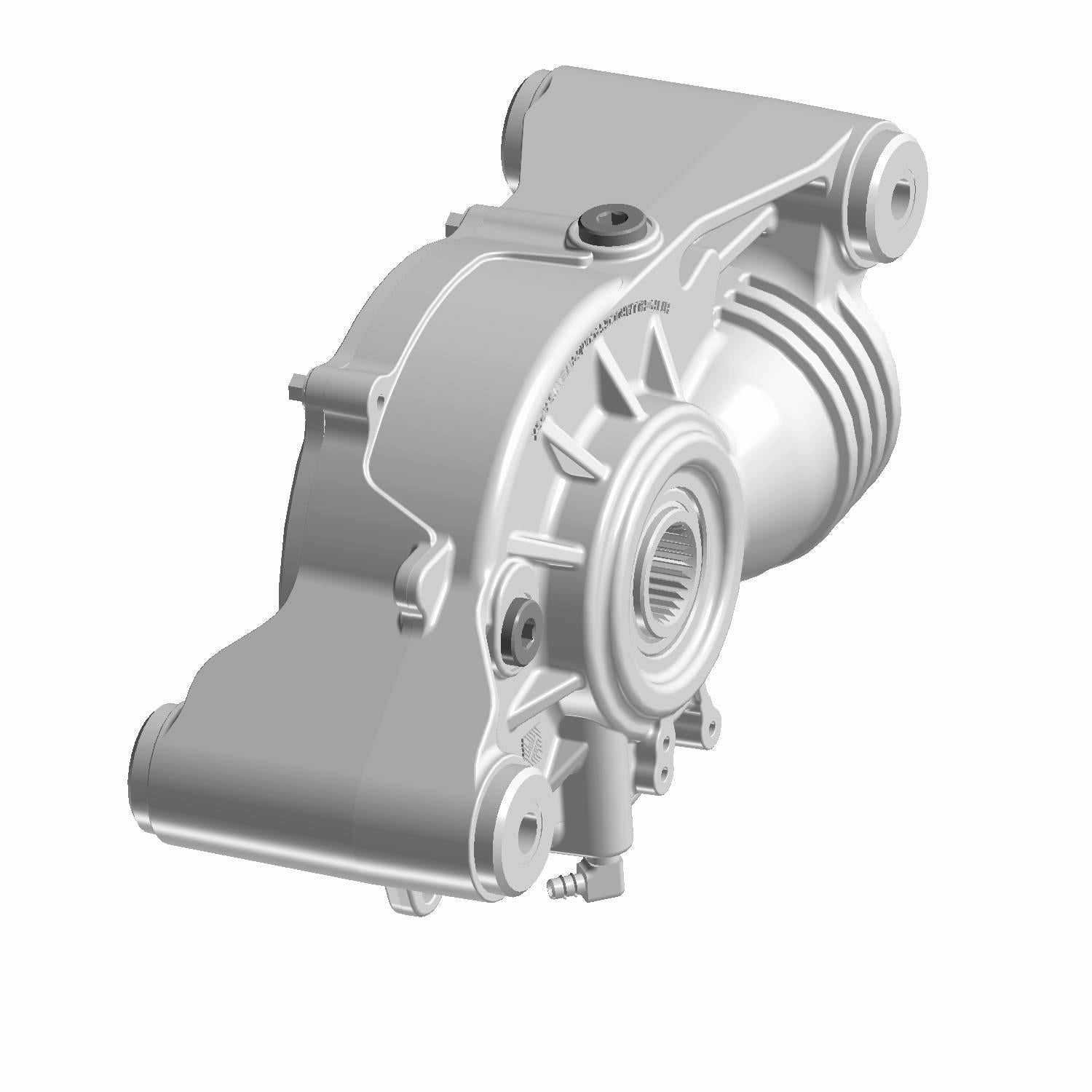 Silver metallic front gearcase with detailed casting and mounting points for Polaris UTVs.