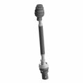 Black metal front prop drive shaft with rubber CV joint boots and universal joints on both ends.