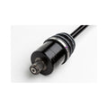 Black metal rear axle shaft with splined gear end and grooved cylindrical sections.