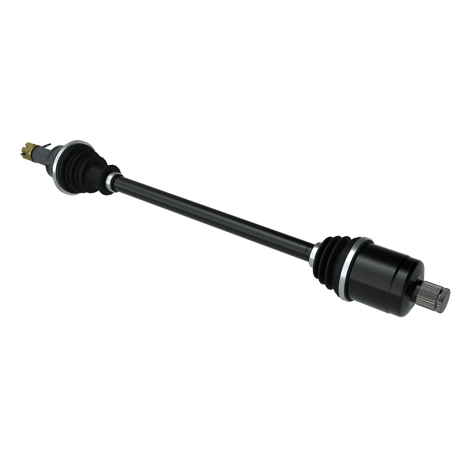 Front CV shaft for Polaris, black metal rod with rubber boots on both ends and metal connectors.