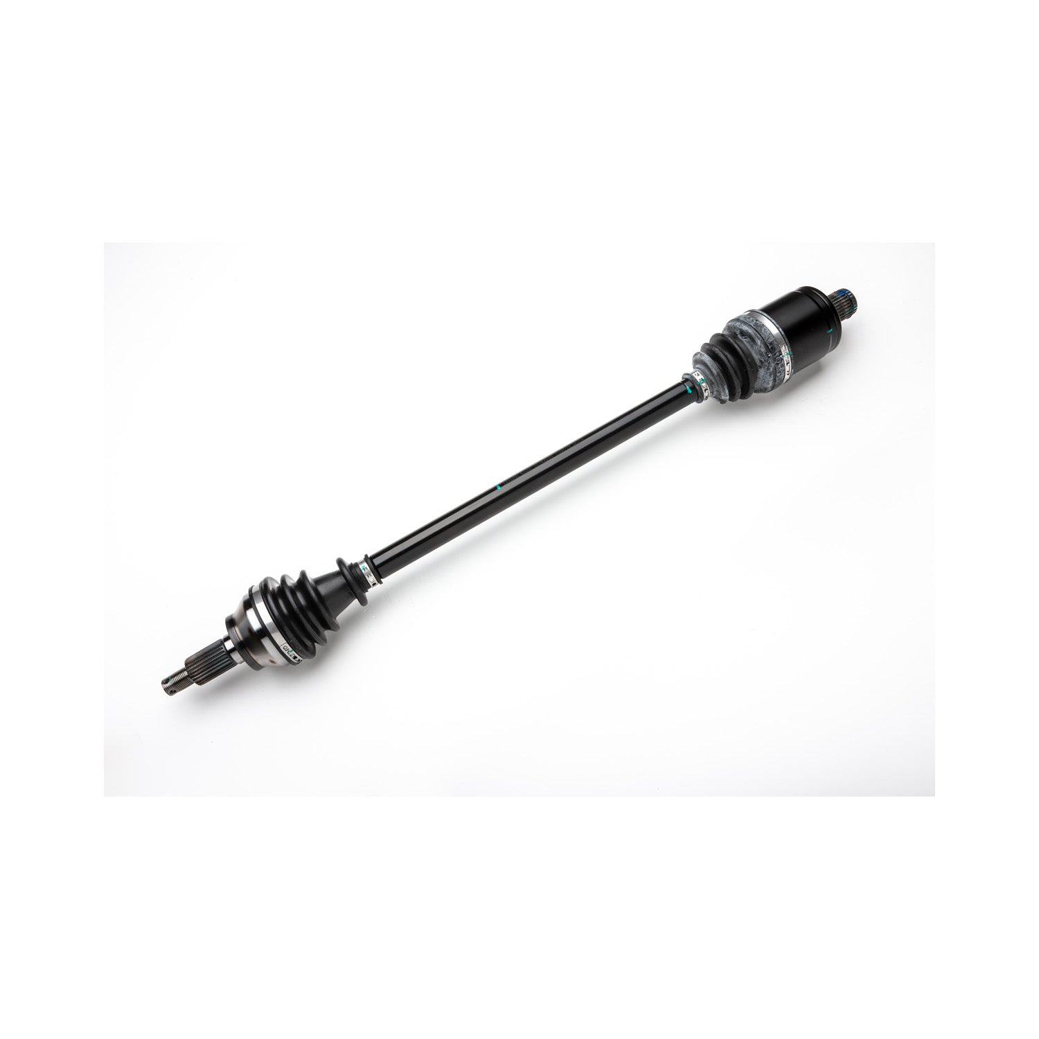 Black metal front CV shaft with protective rubber boots on both ends and splined joints.
