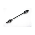 Black metal front CV shaft with protective rubber boots on both ends and splined joints.