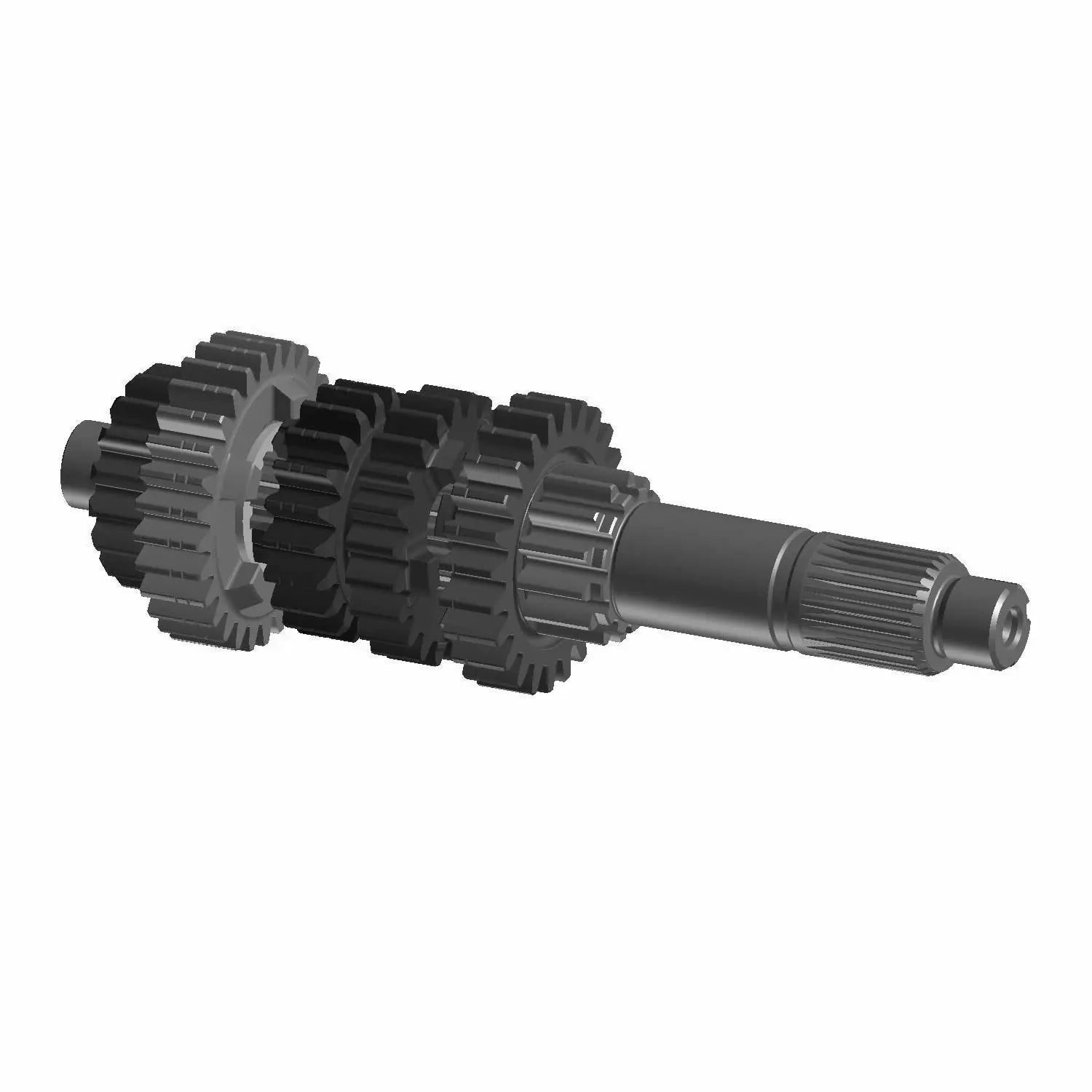 Metal input shaft with multiple black gears and a splined end for 6-speed motorcycle transmission.