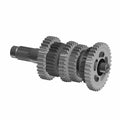 Metallic output shaft with multiple gears for 6-speed motorcycle transmission, polished gray finish.