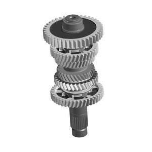 Gray metal output shaft with multiple helical gears and splined shaft end.
