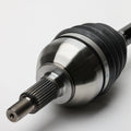 Black and silver metal front CV shaft with ribbed rubber boot and splined shaft end.