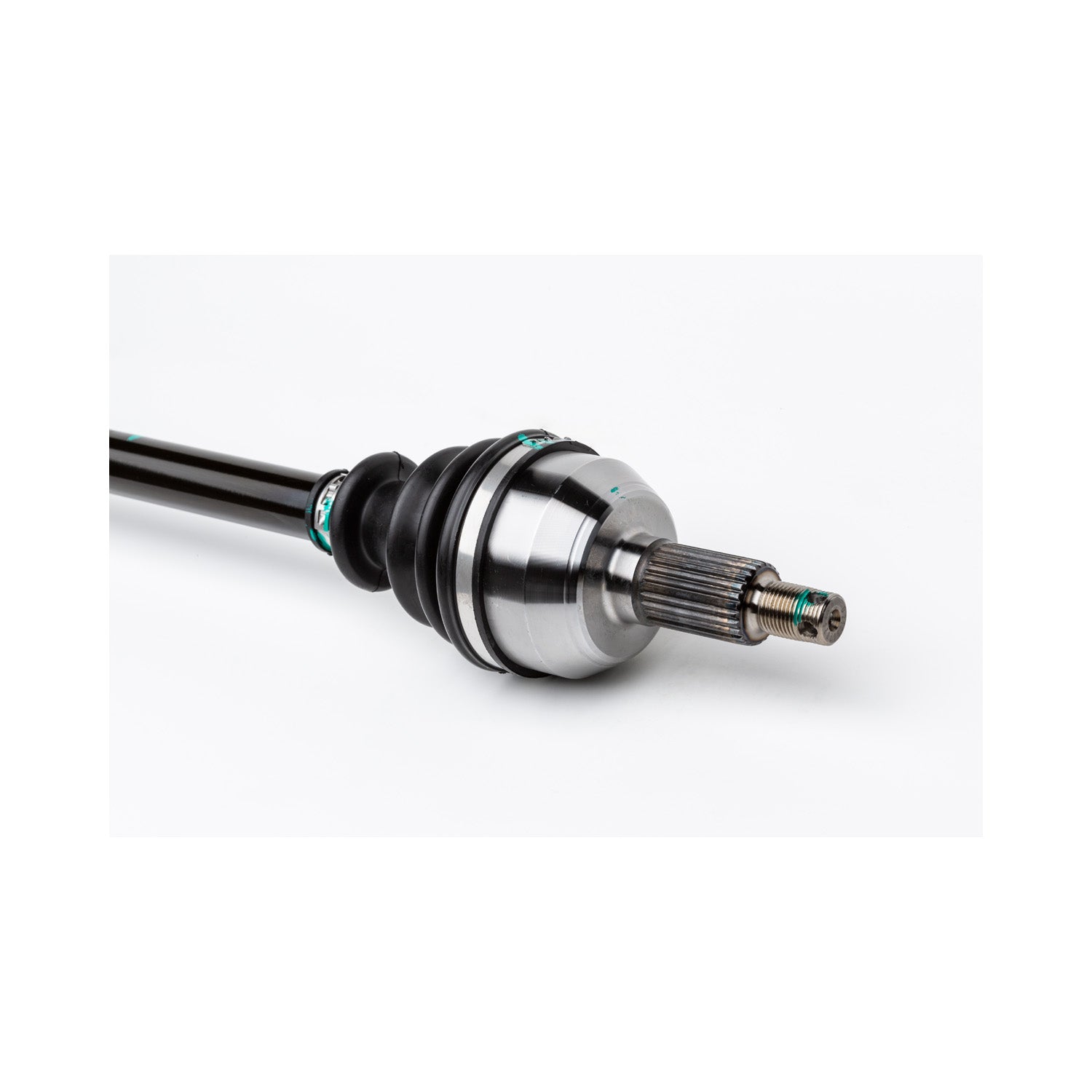 Black metal rear CV shaft with silver constant velocity joint and splined end.