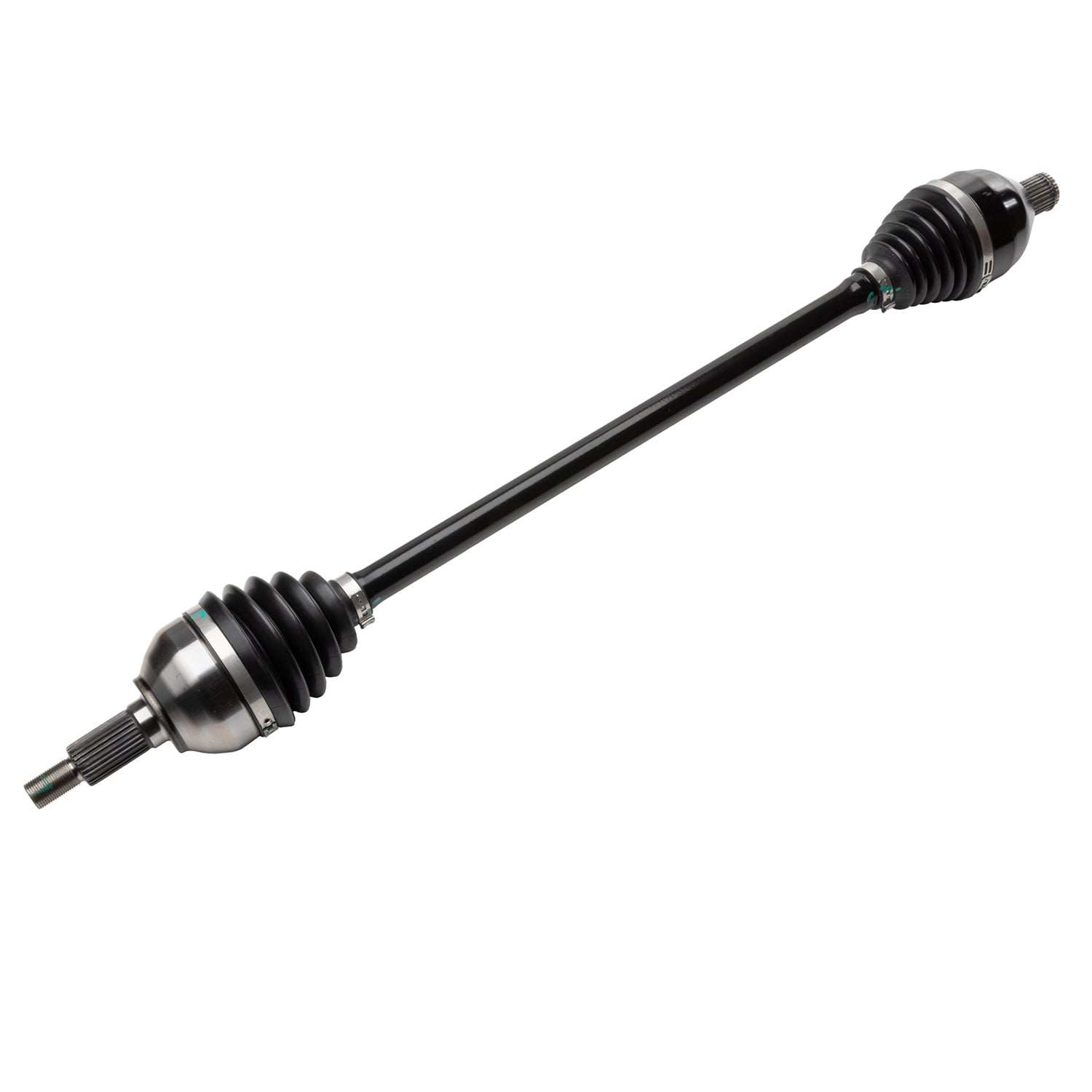 Black metal rear CV shaft with rubber boots and splined ends for Polaris UTVs.