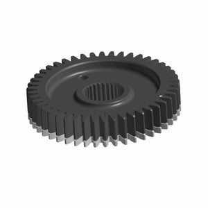 Black metal crankshaft gear with evenly spaced teeth and central splined hole.