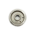 Silver metal crankshaft gear with evenly spaced teeth and central spline hole.