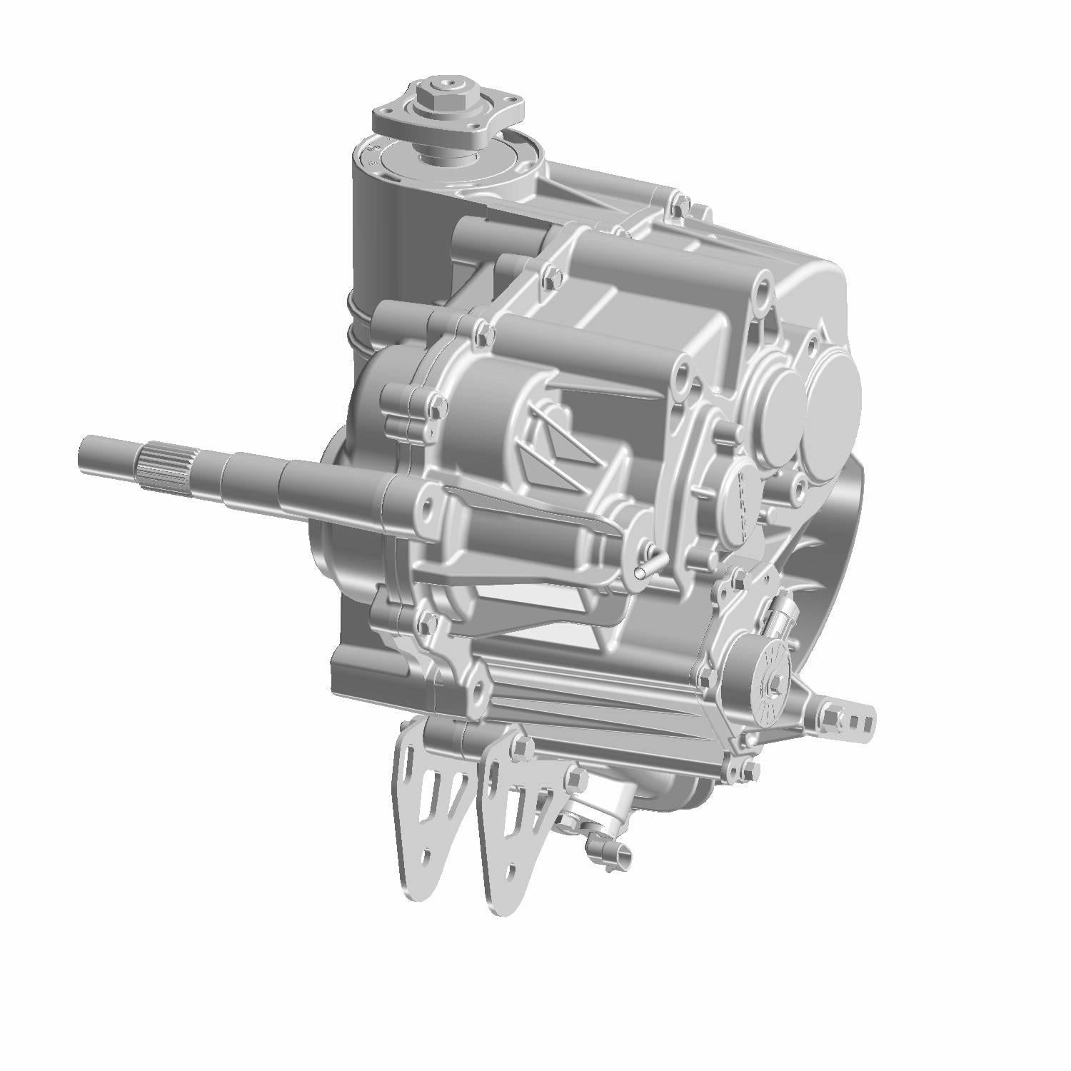Silver metallic gearbox housing with mounting brackets and shaft for off-road vehicle use.