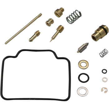 Suzuki Carburetor Repair Kit by Shindy displayed on a white background, featuring O-rings, gaskets, main and pilot jets, float valves, springs, screws, and other small metal parts.