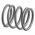 Silver metallic coil spring with thick rounded wire and consistent spacing between coils.
