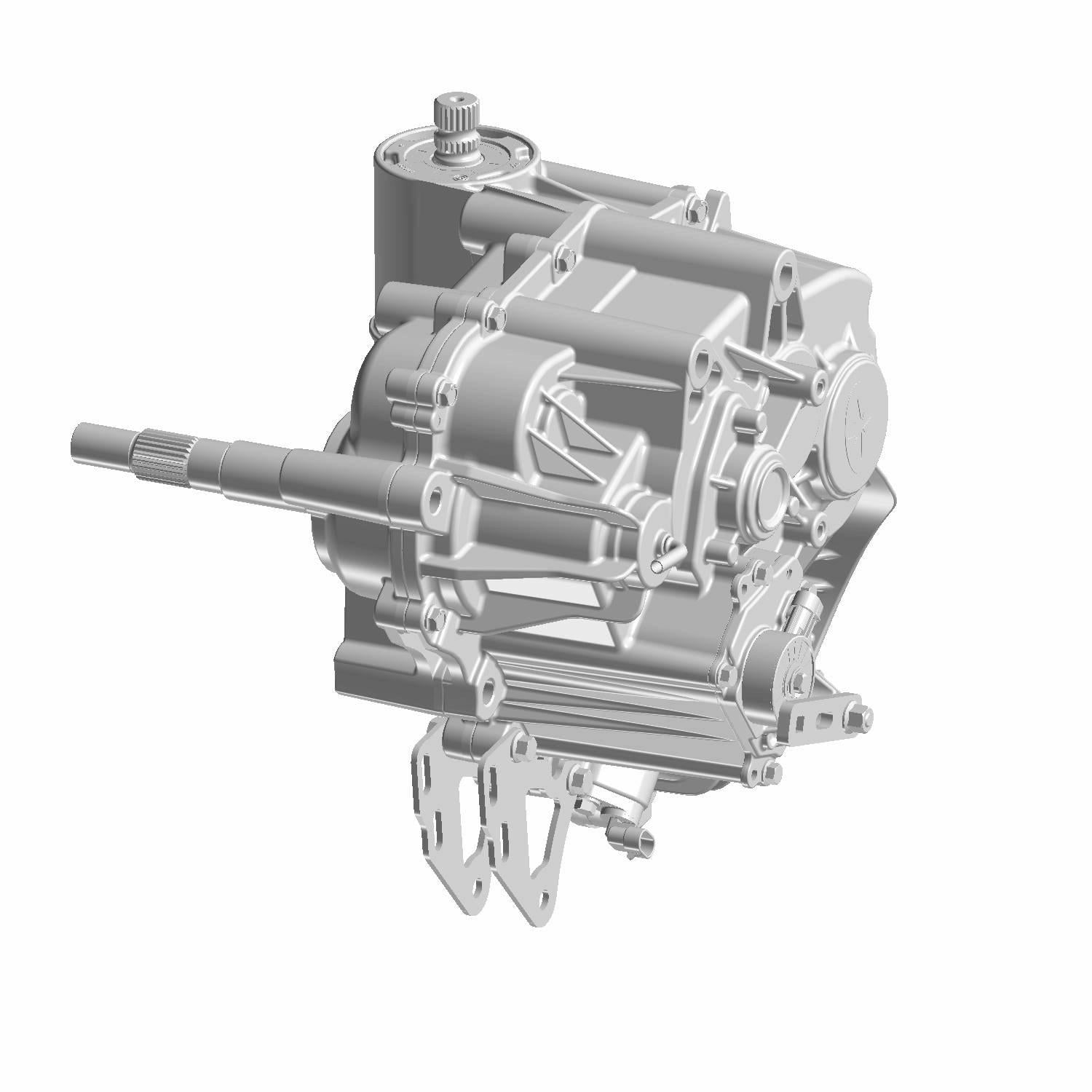 Silver-gray metal gearcase housing with mounting brackets and shaft for offroad vehicle transmission system.