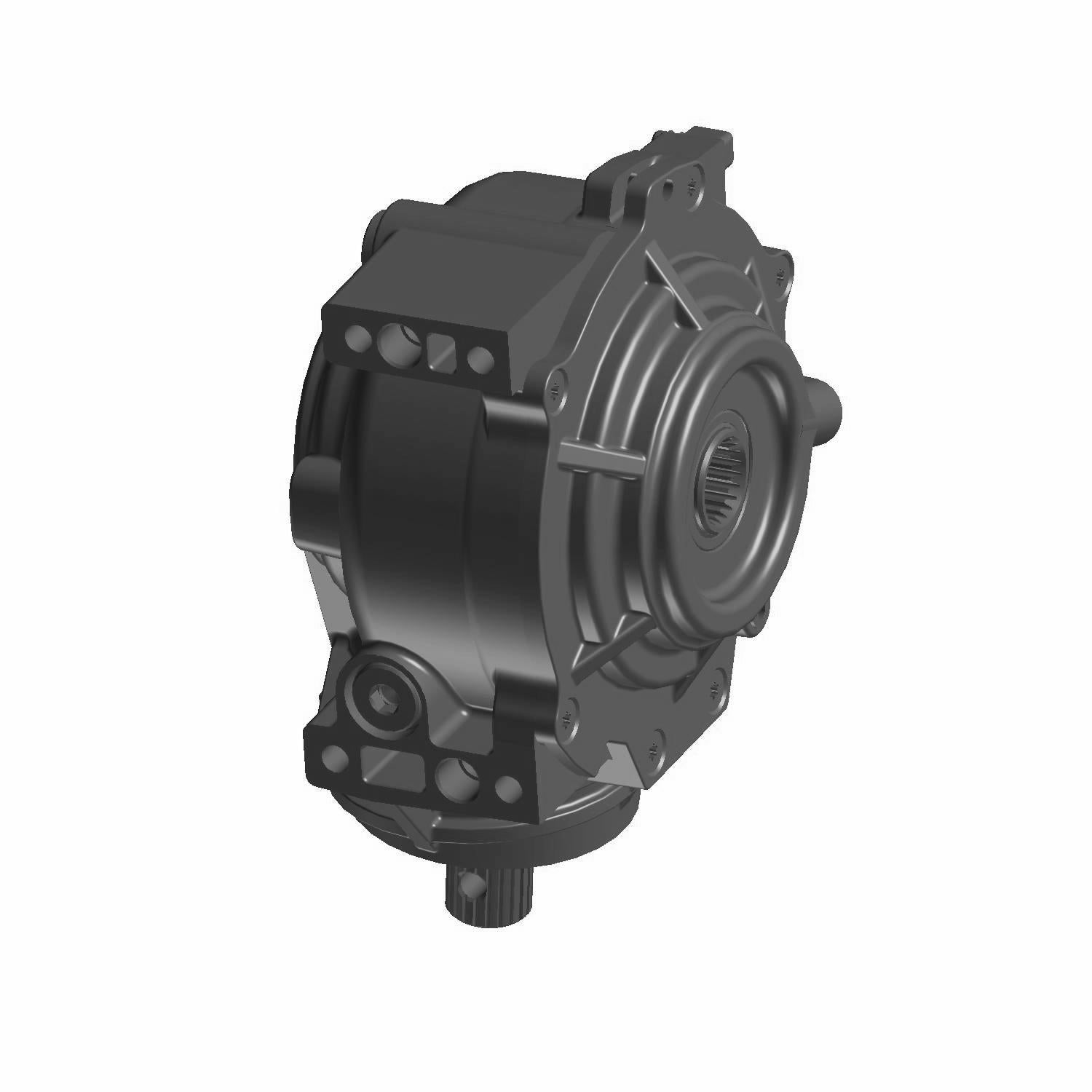 Black front gearcase with circular and angular contours, metal construction, mounting points, and a cylindrical extension on