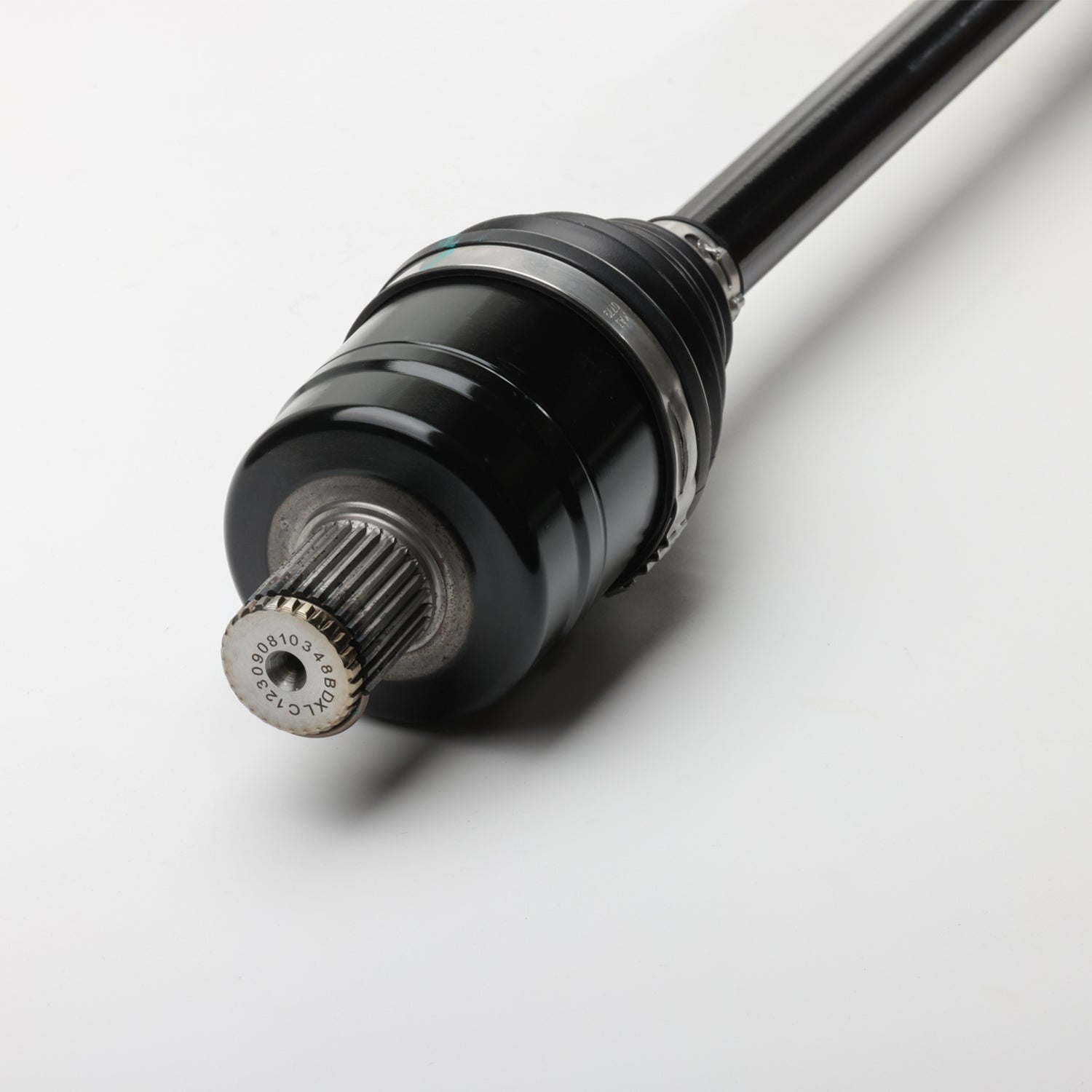 Black metal rear halfshaft with toothed steel gear and splined shaft end for Polaris UTV models.