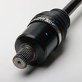Black metal front CV shaft with ribbed rubber boot and silver clamp, splined gear end.