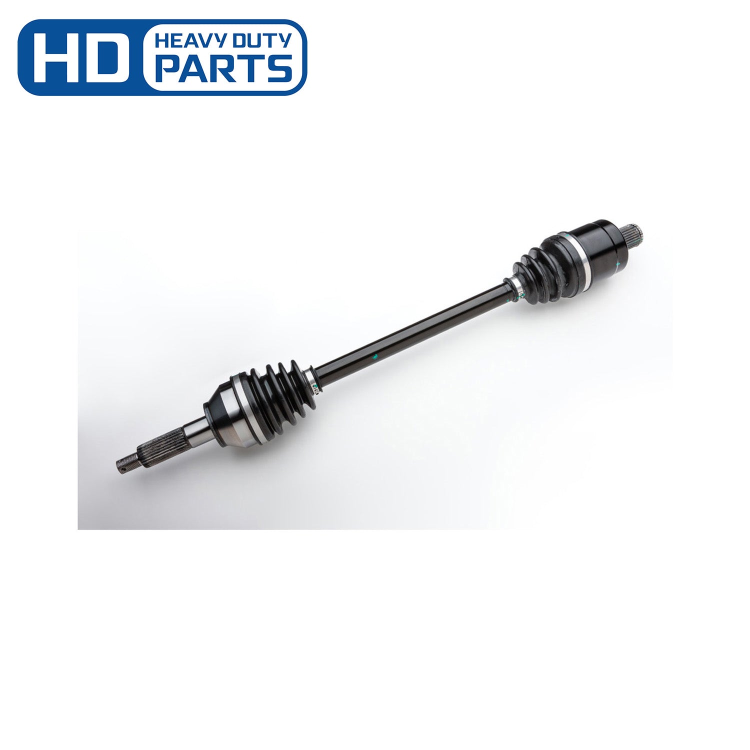 Black heavy-duty rear axle shaft with ribbed protective boots and splined ends for Polaris Ranger vehicles.