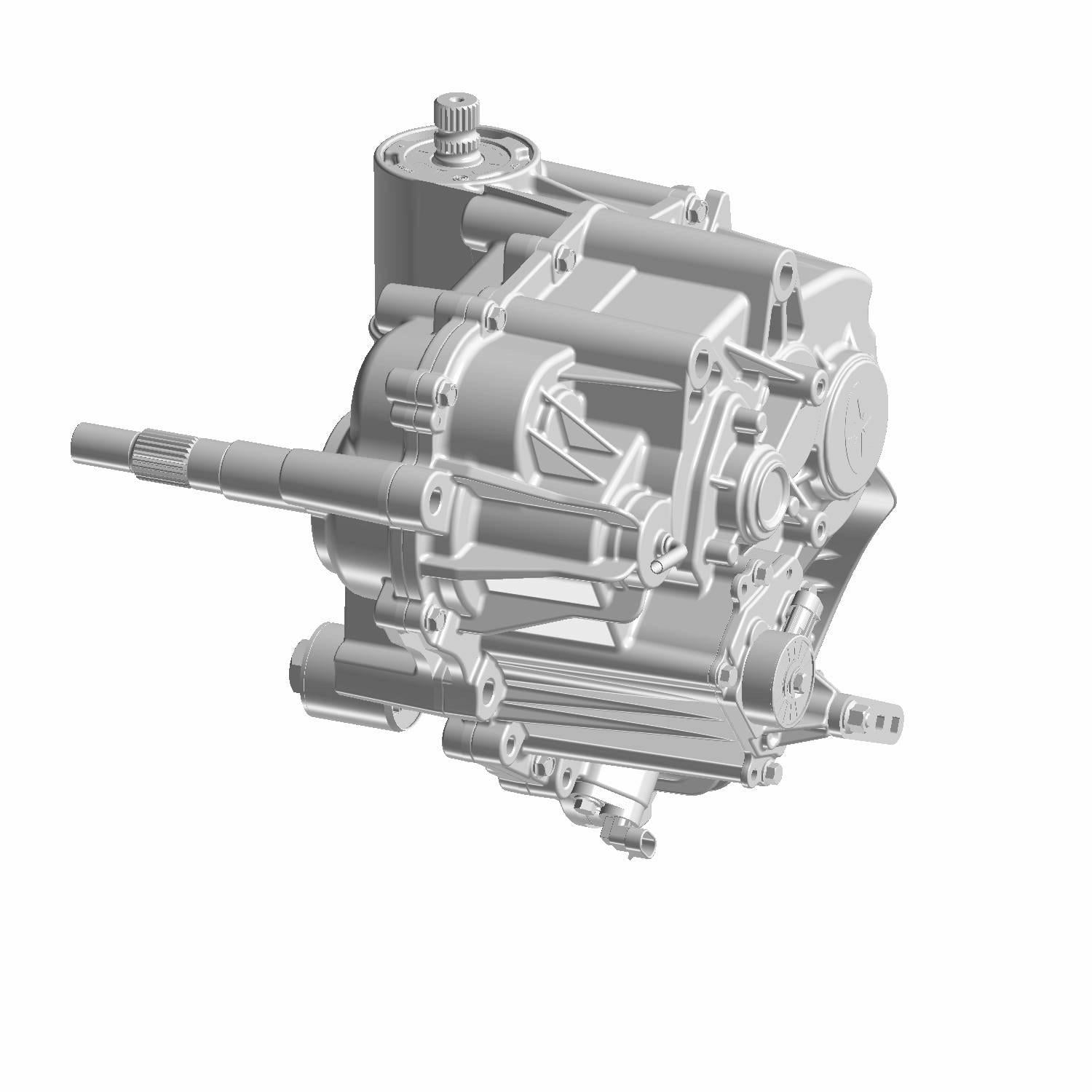 Gray metal Polaris gearcase with cylindrical extensions and mounting points for off-road vehicle use.
