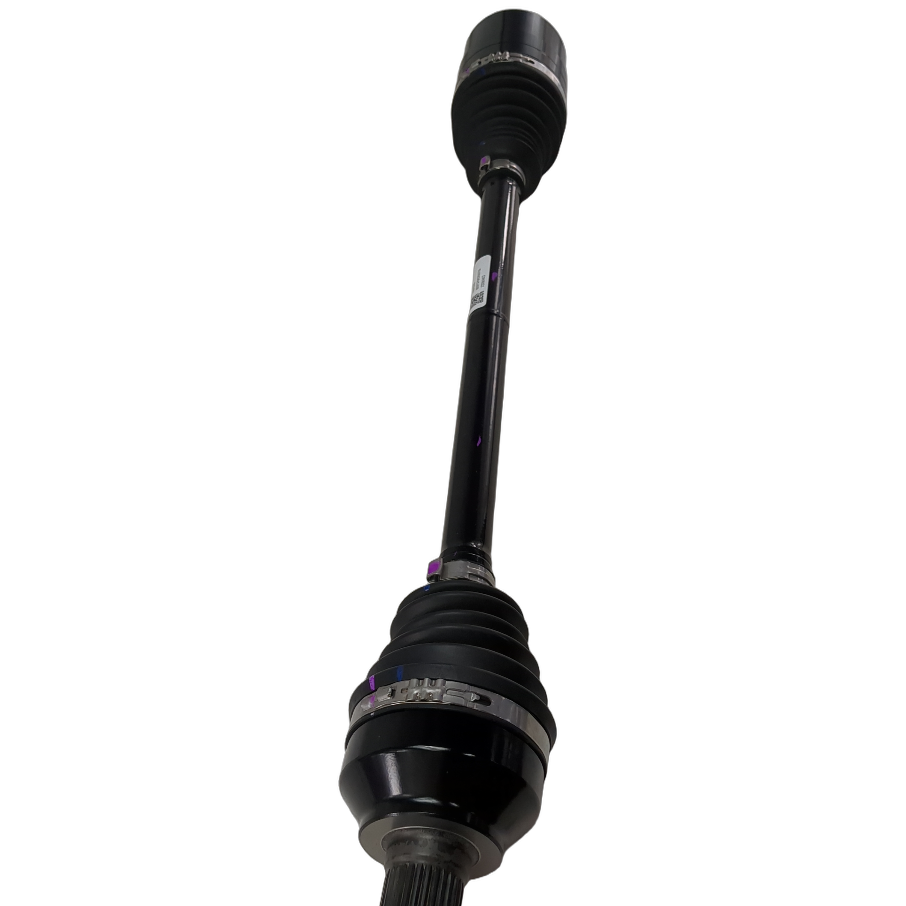 Black metal rear axle shaft with rubber boots and multiple jointed sections.