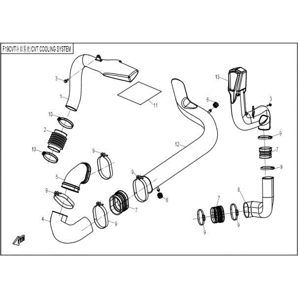 An Image of a Genuine CFMOTO Parts Schematic Diagram showing the schematic - CVT COOLING SYSTEM - 2015 CFMOTO ZFORCE 600