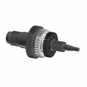 Black and silver metal mainshaft with multiple gear teeth and splined ends for motorcycle transmission.