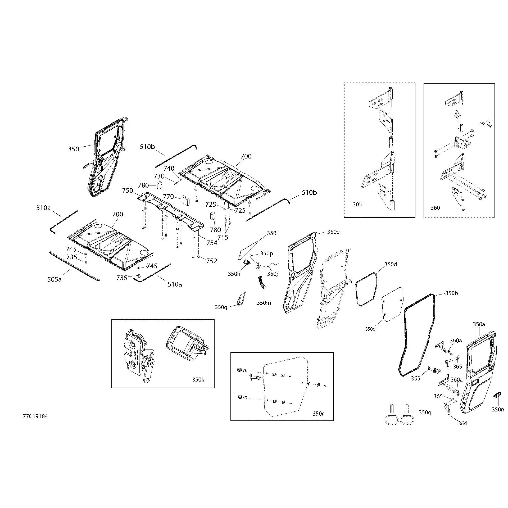 An Image of a Genuine Can-Am Parts Schematic Diagram showing the schematic - ENCLOSURE CAB - HD10 - XT CAB - NORTH AMERICA - REAR DOORS & ROOF SECTION