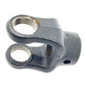 Gray metal rear prop drive shaft yoke with two circular openings and splined inner bore.