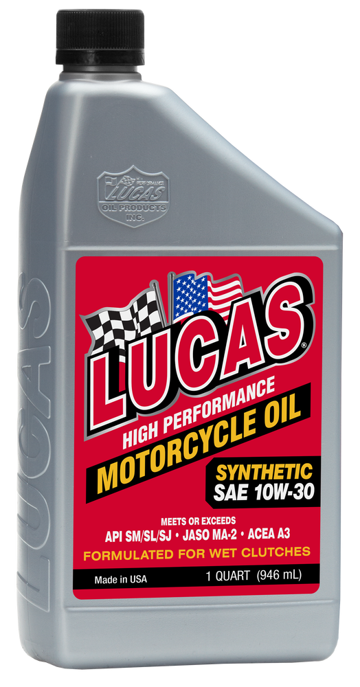 A gray 1-quart bottle of Lucas Oil Synthetic High Performance Engine Oil 10W30 with a red label featuring checkered and American flags, engineered for engine protection and wet clutches, meeting SAE 10W-30 and JASO specs.