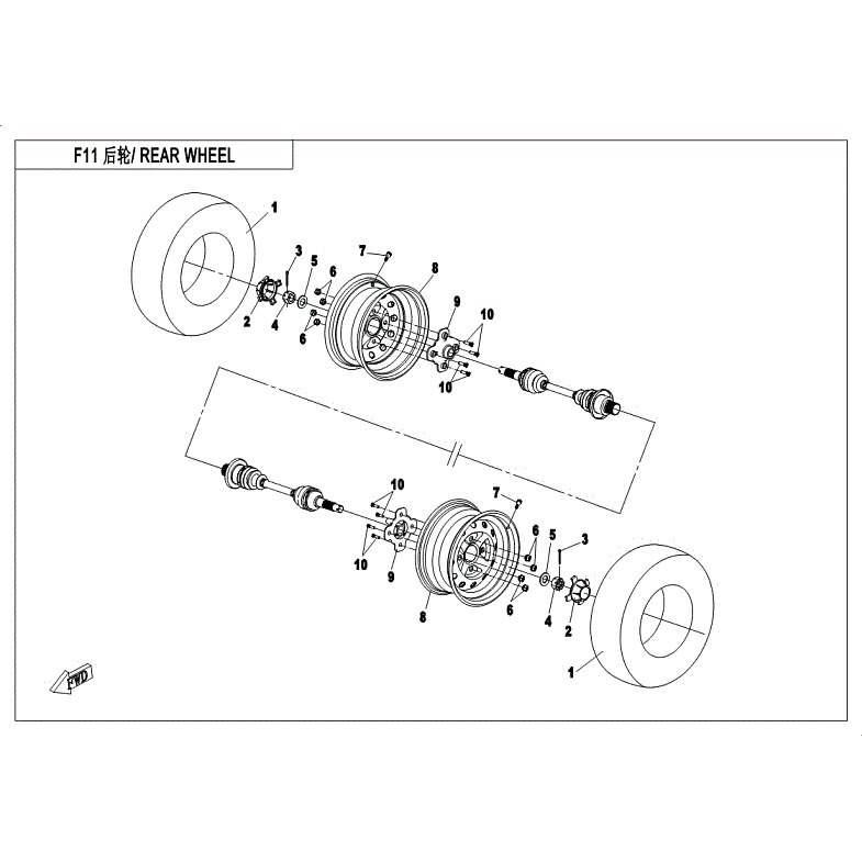 An Image of a genuine CFMOTO Parts Schematic Diagram showing the group - REAR WHEEL - 2018 CFMOTO CFORCE 400