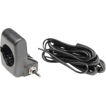 Black rectangular plastic housing with metal toggle switch and attached long black wire cable.