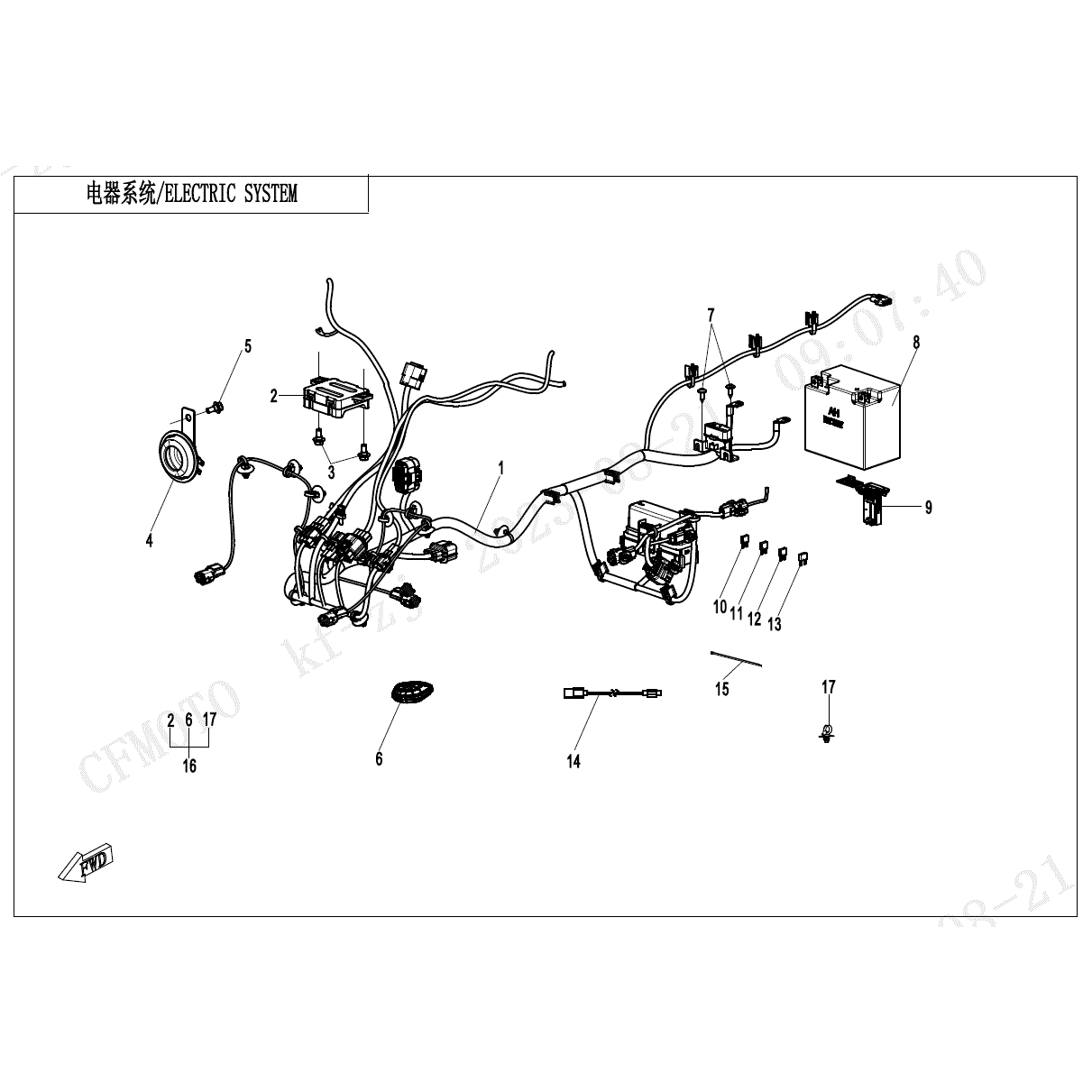 An Image of a genuine CFMOTO Parts Schematic Diagram showing the group - ELECTRIC SYSTEM - 2024 CFMOTO CFORCE EV110