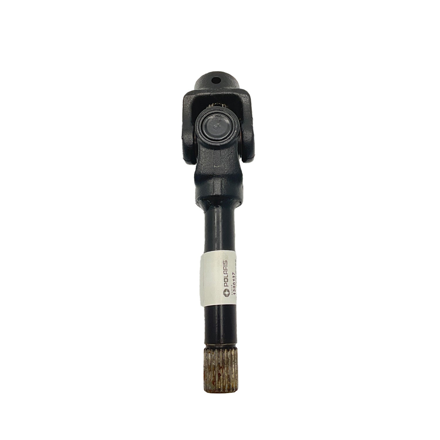Black metal rear drive shaft with universal joint and splined end, labeled with a white tag.