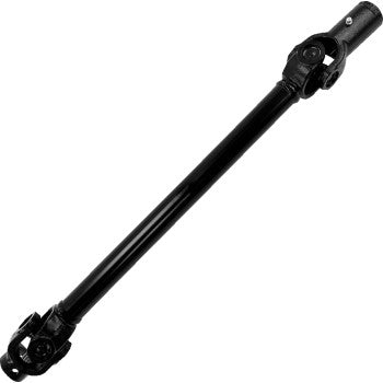 Black metal front propeller shaft with universal joints on both ends for offroad vehicle drivetrain.
