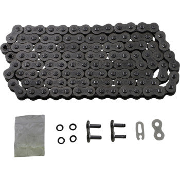 The 520 X1R3 Chain 114 Link by JT Chains is shown coiled with O-rings, connecting pins, a master link, and a small plastic bag—likely lubricant—arranged below the motorcycle or ATV power transfer chain.