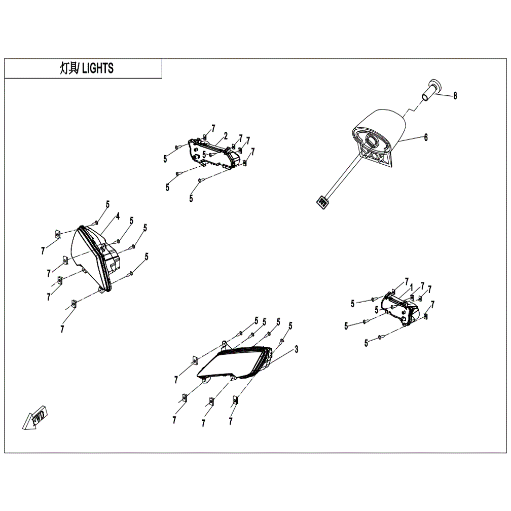 An Image of a genuine CFMOTO Parts Schematic Diagram showing the group - LIGHTS (NA) - 2022 CFMOTO CFORCE 800 XC