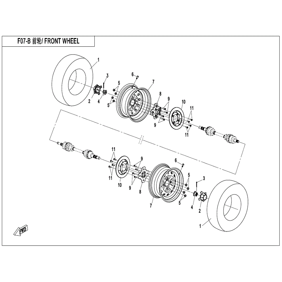 An Image of a Genuine CFMOTO Parts Schematic Diagram showing the schematic - FRONT WHEEL - 2022 CFMOTO ZFORCE 800 EX