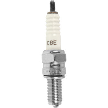 The Spark Plug C8E by NGK Spark Plugs features a white alumina silicate ceramic insulator and a metal hex nut base with a threaded end, shown against a plain white background.